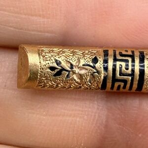 Vintage Estate Bar Pin Gold Tone Greek Key Floral Black Enamel 1 Inch